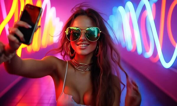 Woman taking selfie in neon lights.