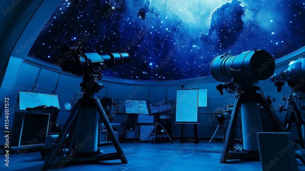 Poster a well-organized astronomy observatory with telescopes pointed at the night sky, star charts and cel