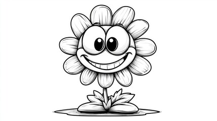 A whimsical flower with huge eyes and a big smile, radiating joy in a stylized garden environment