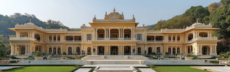 Obraz premium The elegant palace features marble steps and beautiful symmetrical architecture with a scenic garden view