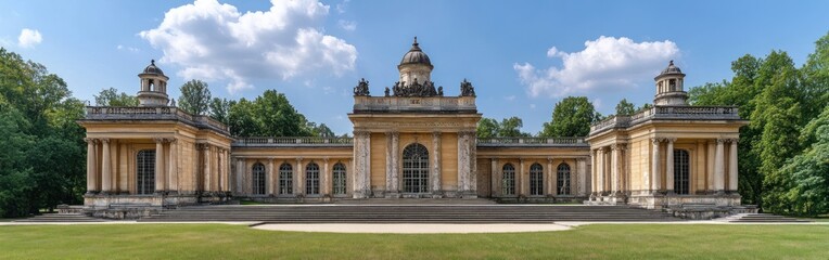 Symmetrical pavilions frame a grand palace, with marble steps and a vast garden under a clear blue sky