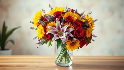 Fototapeta premium Vibrant bouquet of sunflowers, roses, and lilies in a clear glass vase on a wooden surface