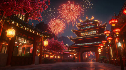 Fireworks above a Chinese temple during New Year celebrations