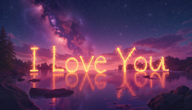 Glowing "I Love You" text reflected in lake under starry sky