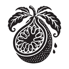 Passion Fruit Silhouette Vector Illustration, Solid White Background.