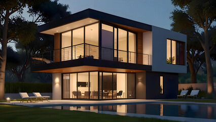 Obraz premium Capture a high-definition, close-up view of a modern house featuring solar panels on the roof. Focus on the sleek, contemporary design of the house, with clean lines, large windows, and minimalistic