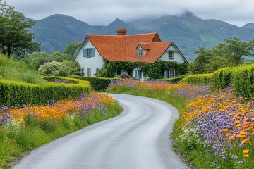 Fototapeta premium A peaceful lane leads to a charming farmhouse, surrounded by colorful wildflowers and tall hedges