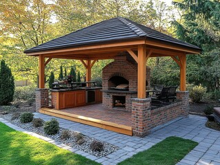 This outdoor cooking area has a brick oven and wooden gazebo, ideal for culinary gatherings