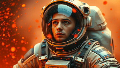 Close-up of astronaut with intense expression in fiery setting, sci-fi illustration