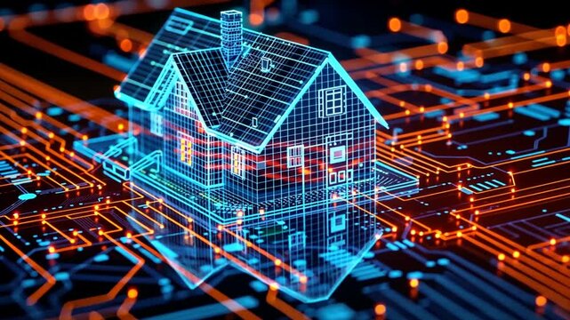 A house design appears in glowing lines against a backdrop of intricate circuit patterns, emphasizing the fusion of technology with modern home architecture and smart innovations