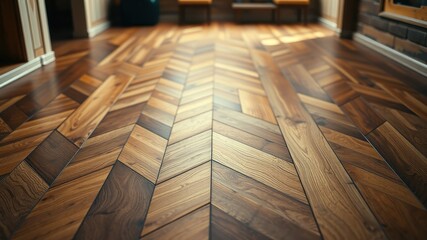 Luxurious Herringbone Hardwood Floor with Warm Brown and Golden Tones