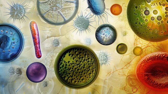 Microscopic view of diverse colorful microorganisms, bacteria, and cells.