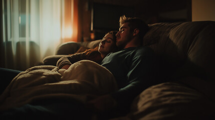 Fototapeta premium Couple Relaxing on a Sofa Under a Cozy Blanket in Warm Evening Light