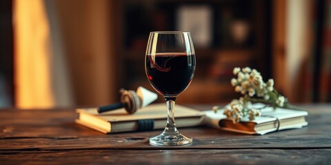 A glass of red wine rests on a wooden table next to closed books and delicate wildflowers.
