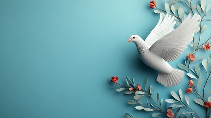 Obraz premium Dove in flight among floral accents tranquil blue background