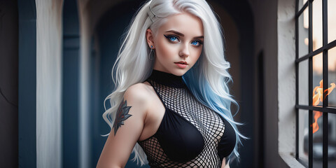 Hot woman in a dress with white hair