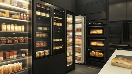 Modern kitchen with pantry, refrigerator, and oven.