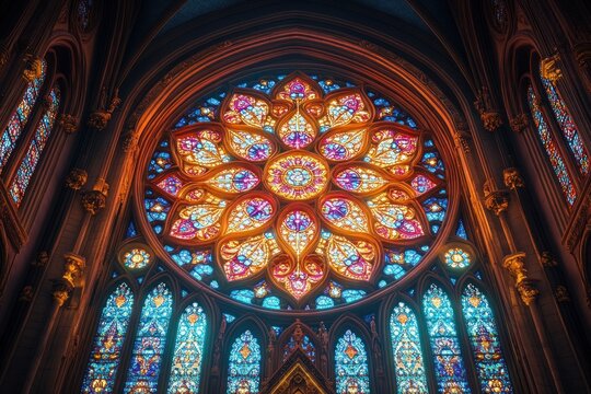 A massive stained glass rose window casts vibrant colors inside, creating a captivating atmosphere in the cathedral