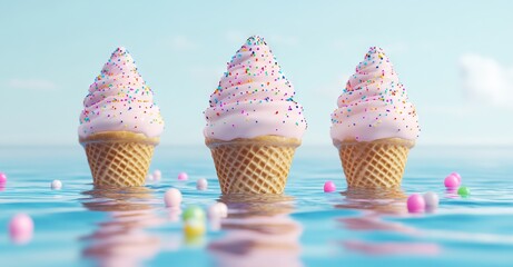 Surreal Ice Cream Cones Floating on Water, AI generated illustration