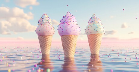 Surreal Ice Cream Cones Floating on Water, AI generated illustration
