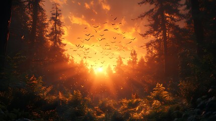 Fiery sunset over a dark forest with a flock of bats flying.