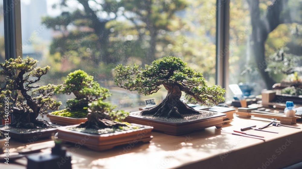 Poster a well-organized bonsai display with miniature trees and tools neatly arranged, a bright room with n