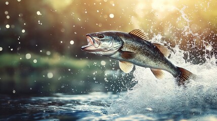 Bass Fish Jumping Out of Water with Splash, AI generated illustration