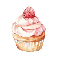 Colorful Pastry Illustration Featuring a Strawberry Topped Cupcake with Whipped Cream and Delicate Brush Strokes