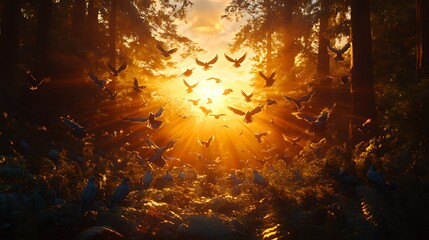 Fototapeta premium Sunset light bursts through forest canopy, illuminating flock of birds taking flight.