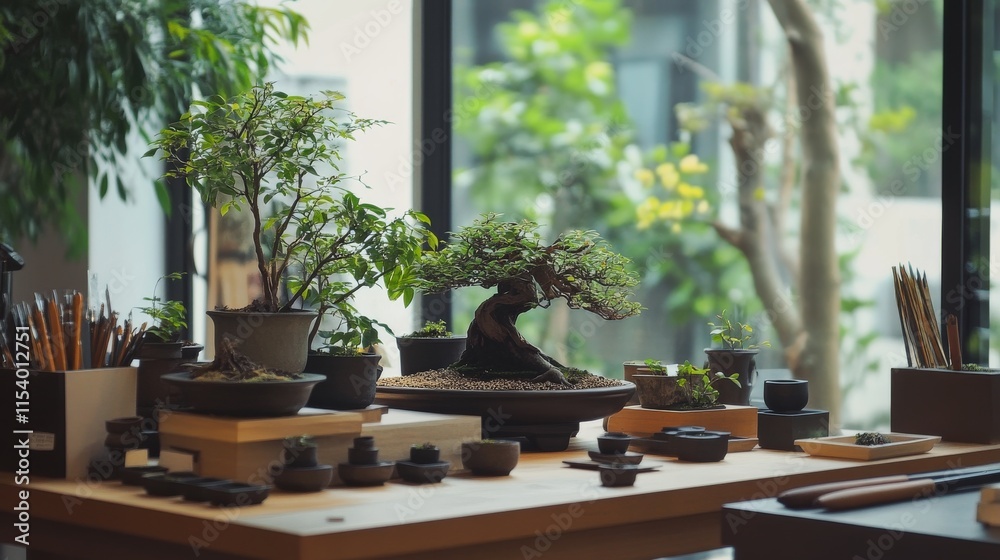 Poster A well-organized bonsai display with miniature trees and tools neatly arranged, A bright room with natural light and clean surfaces, Minimalist botanical style