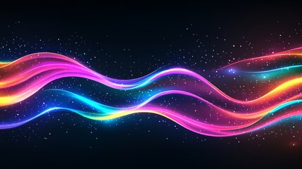 Abstract neon colorful banner. Shiny ribbons falling on background. Design template for party, celebration and birthday.