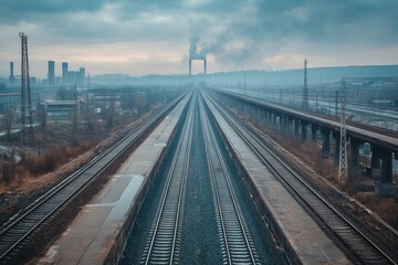 Fototapeta premium Industrial Railroad Tracks Stretching Through a Misty Cityscape; A View of Urban Infrastructure