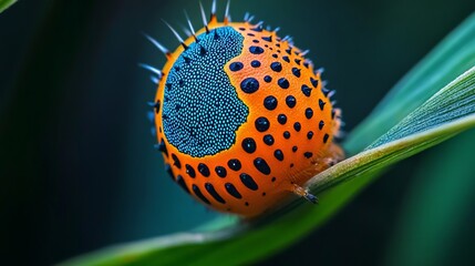 Obraz premium Macro Shot of Orange and Blue Caterpillar Cocoon with Black Dots on Green Leaf, AI generated illustration