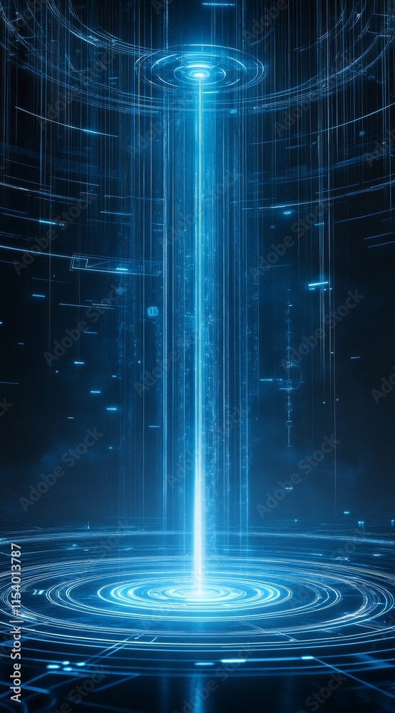 Poster futuristic blue light beam emerging from a circular platform in a high-tech environment with digital