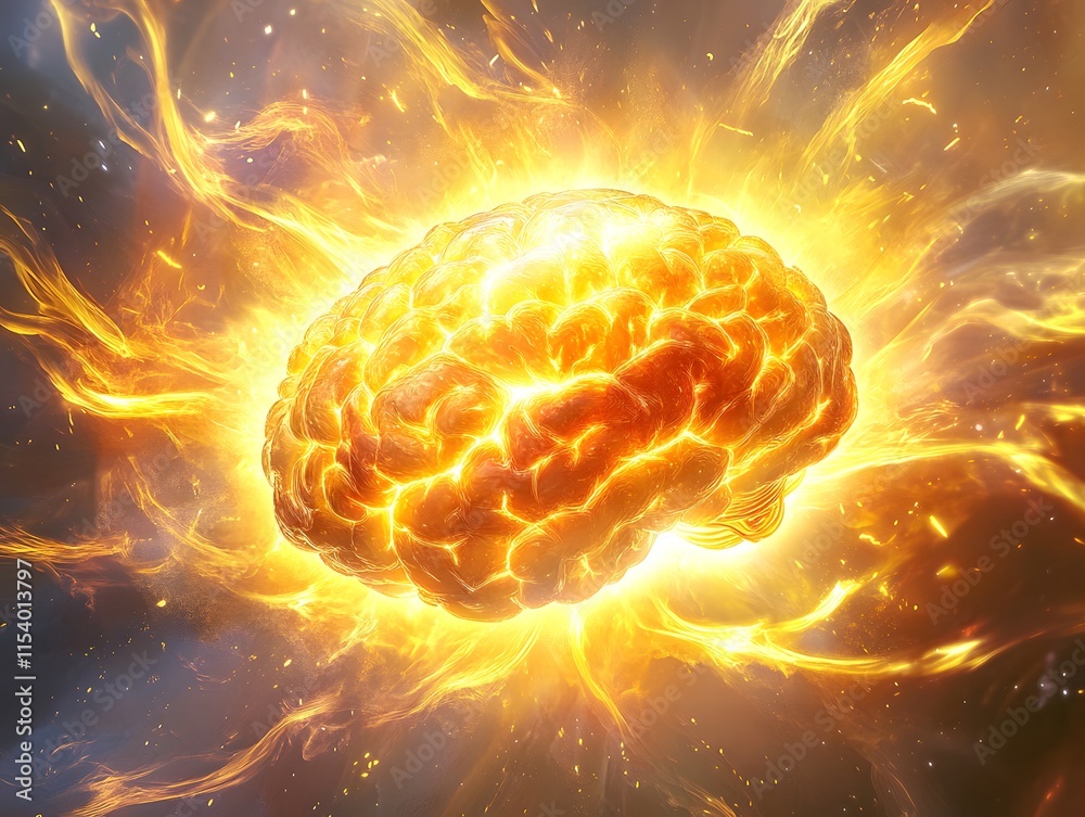 Poster surreal artistic representation of a glowing brain surrounded by fiery energy, symbolizing intellige