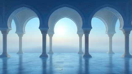Serene sunrise view through arched colonnade.