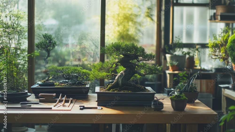Poster a well-organized bonsai display with neatly arranged bonsai trees and tools, a quiet room with soft 