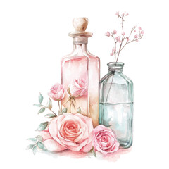 Vintage pastel illustration of elegant glass bottles with flowers in soft colors, perfect for home decor and design projects