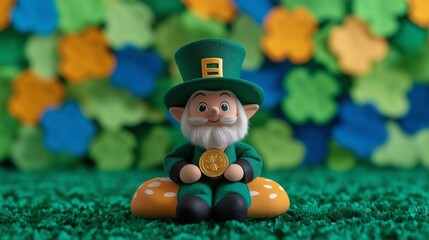 Fototapeta premium A whimsical leprechaun figurine sits on a mushroom against a vibrant floral background, capturing the spirit of St. Patrick's Day with charm and fantasy.