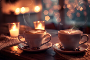 Obraz premium Cozy Valentine’s Day Café Scene with Two Heart-Latte Cups, Warm Ambient Lighting, and Romantic Coffee Date Vibes