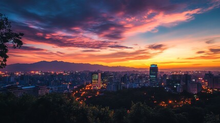 Fototapeta premium Sunset View of City Skyline with Landmark Building, Mountains, and Colorful Sky in Taiwan's Capital, AI generated illustration