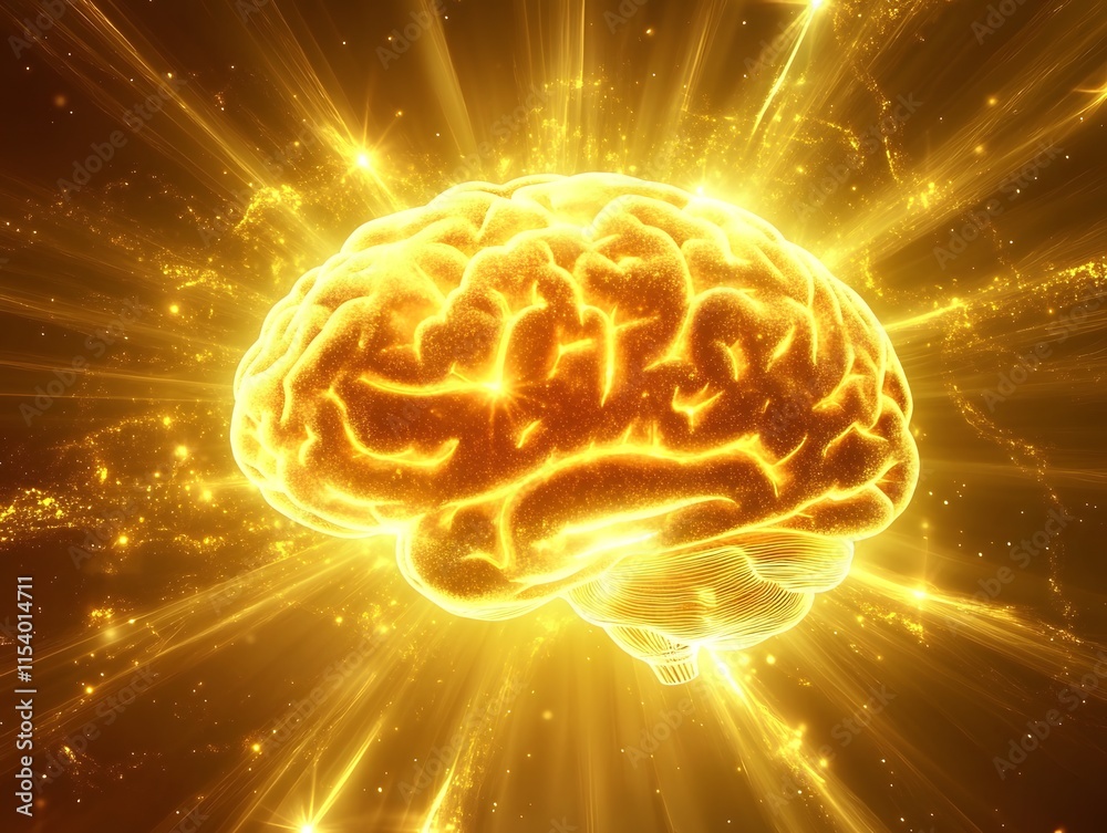 Poster glowing brain surrounded by radiant light, illustrating concepts of intelligence, creativity, and en