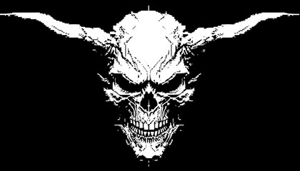 teschio di demone con corna e zanne in 8 bit simile a retro console, Demon skull with horns and fangs in 8-bit similar to retro console