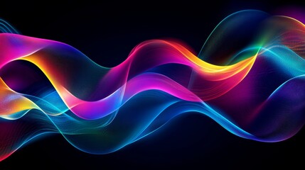 Abstract neon colorful banner. Shiny ribbons falling on background. Design template for party, celebration and birthday.