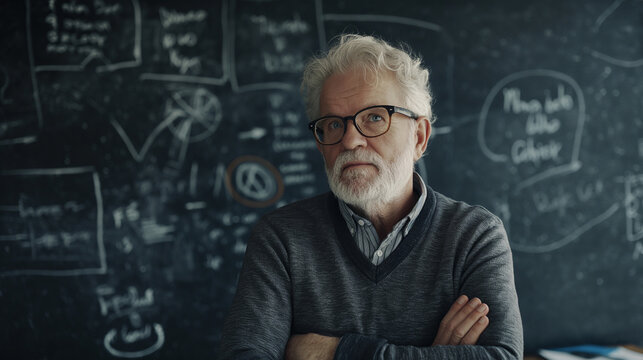 Angry senior male professor with gray hair, old aged teacher wearing eyeglasses, standing in front of the blackboard in classroom