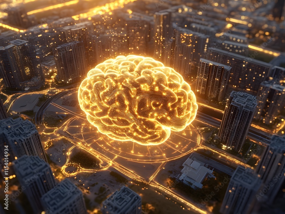 Poster captivating aerial view of a futuristic city illuminated by a glowing brain design, symbolizing inno