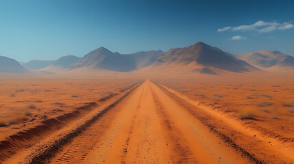 A long, straight dirt road vanishes into a hazy, red desert landscape under a clear blue sky, with distant mountains.