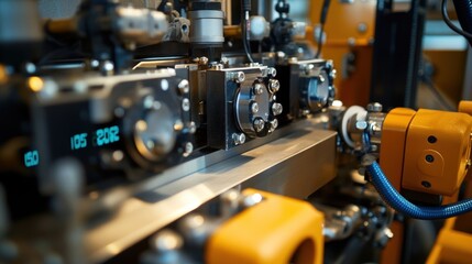 Fototapeta premium An intricate closeup of machinery components with digital readouts where sensors relay realtime data to an AI system for predictive modeling.