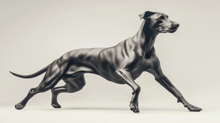 Fototapeta premium Sleek, metallic grey dog in mid-stride against a light background.