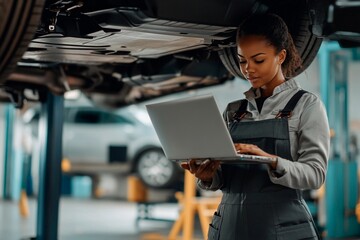 Skilled mechanic working on vehicle diagnostics in a modern auto repair shop